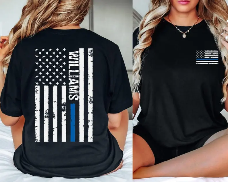 Custom Last Name American Flag Tee - Thin Blue Vertical Line Flag T-Shirt - Personalized Police Shirt