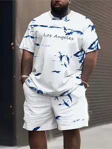 Men's Plus Size Casual Athletic Sports Clothing Athletic Workout Clothing Sportswear Set, Striped 3D Print Short Sleeve T-Shirt and Shorts, Breathable Summer Gym Beach Wear