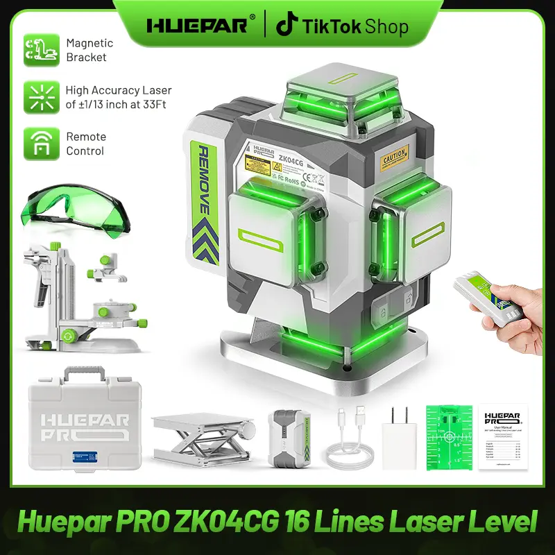 Huepar Pro ZK04CG 4D Green Cross Line Self-Leveling Laser Leveler Tool, High-Accuracy Measuring Tool with 8000mAh Rechargeable Li-ion Battery, Compact Portable for Ceiling, Tiling