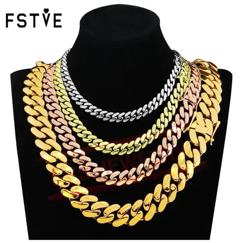 FSTVE 18 Karat Gold Plated Cuban Necklace Chains, Copper Base, 12mm-14mm-20mm Sizes, Trendy Butterfly Clasp Hip Hop Costume Jewelry Gift (Choking Hazard: Small Parts)