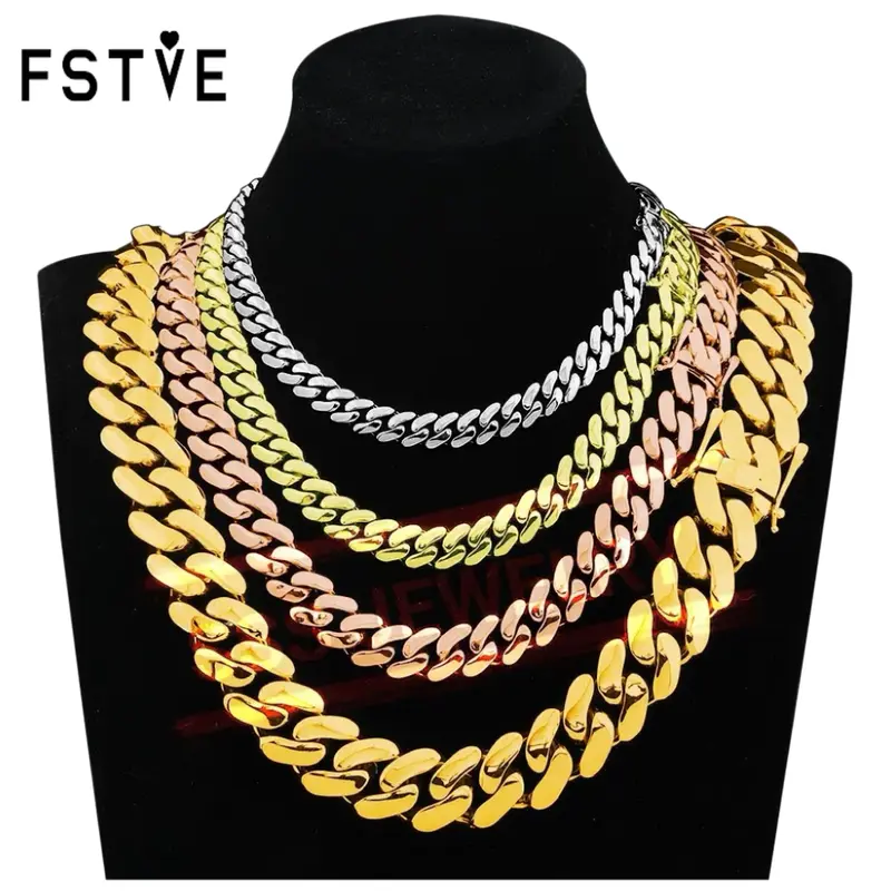 FSTVE 18 Karat Gold Plated Cuban Necklace Chains, Copper Base, 12mm-14mm-20mm Sizes, Trendy Butterfly Clasp Hip Hop Costume Jewelry Gift (Choking Hazard: Small Parts)