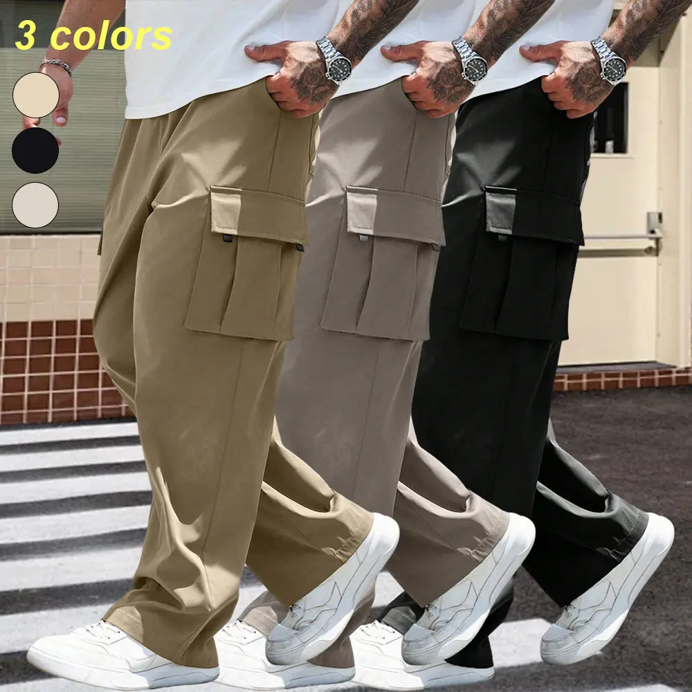 2XL–6XL plus-size men's loose casual cargo pants, straight-leg trousers with a nice drape, multi-pocket design, available in three colors, suitable for home relaxation, outdoor walks, and daily commuting.