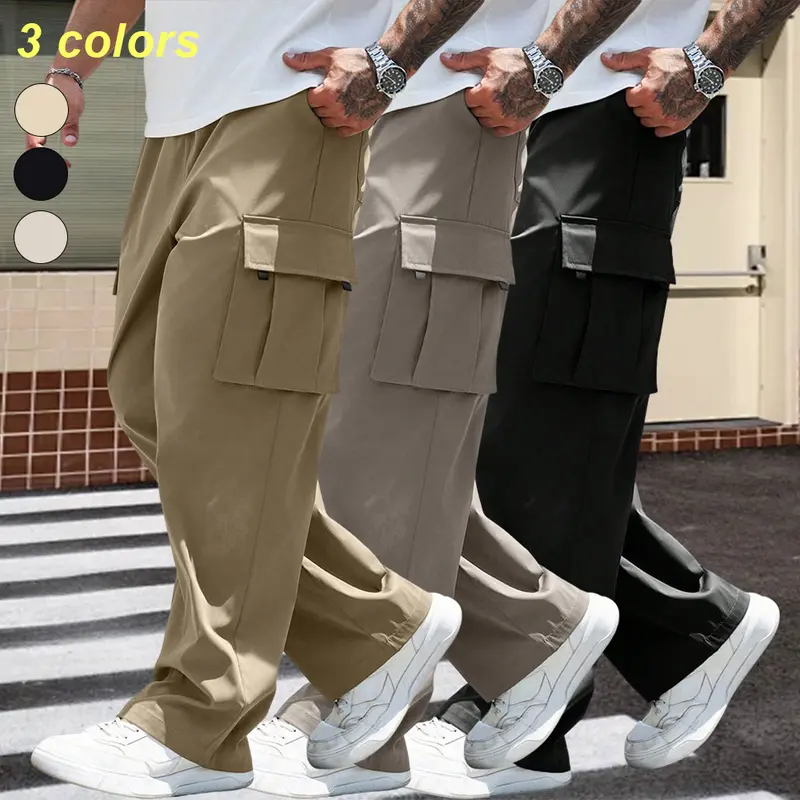 2XL–6XL plus-size men's loose casual cargo pants, straight-leg trousers with a nice drape, multi-pocket design, available in three colors, suitable for home relaxation, outdoor walks, and daily commuting.