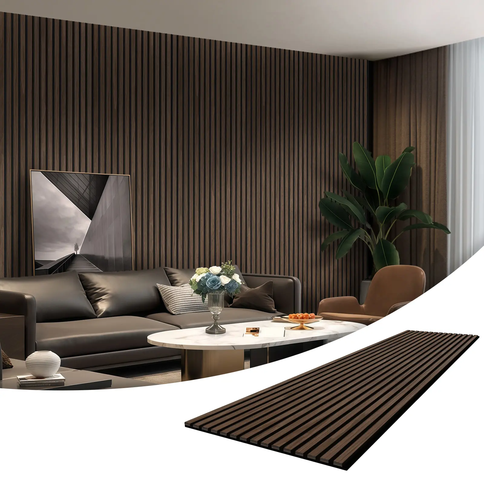 THSTAR Self-Adhesive Black Walnut Engineered Wood Veneer Fluted Acoustic Wall Panels, 23.6"x47.2"x0.39" 4-Pack for Interior Decor, Home Improvement 3D Wall Trim, Ideal for DIY Users, Wall Panel