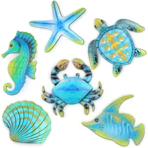 6 count Metal  Wall Art Decor Sea Fish Turtle Wall Sculpture Outdoor Hanging Art Sculptures  Theme Decorations for Garden, Pool, Fence, Patio, Bathroom Indoor