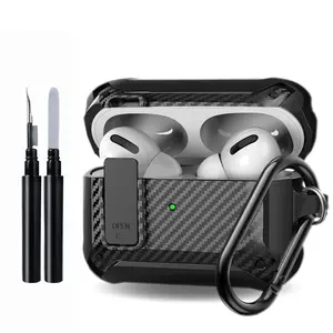 Carbon Fiber Pattern Earphone Case with Clip and Cleaning Kit, Shockproof Protective Cover, Earphone Accessories Compatible with AirPods Pro 2/1/2/3/4, Audio