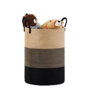 Woven Rope Laundry Hamper Basket, 41L Luandry Basket, Baby Nursery Hamper for Blanket Storage, Clothes Hamper for Laundry in Bedroom-Small-Black Brown