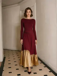 Women's New Spring Round Neck Tight Fit Colorblock Long Sleeve Dress, Stylish Casual Fashion, Perfect for Daily Wear