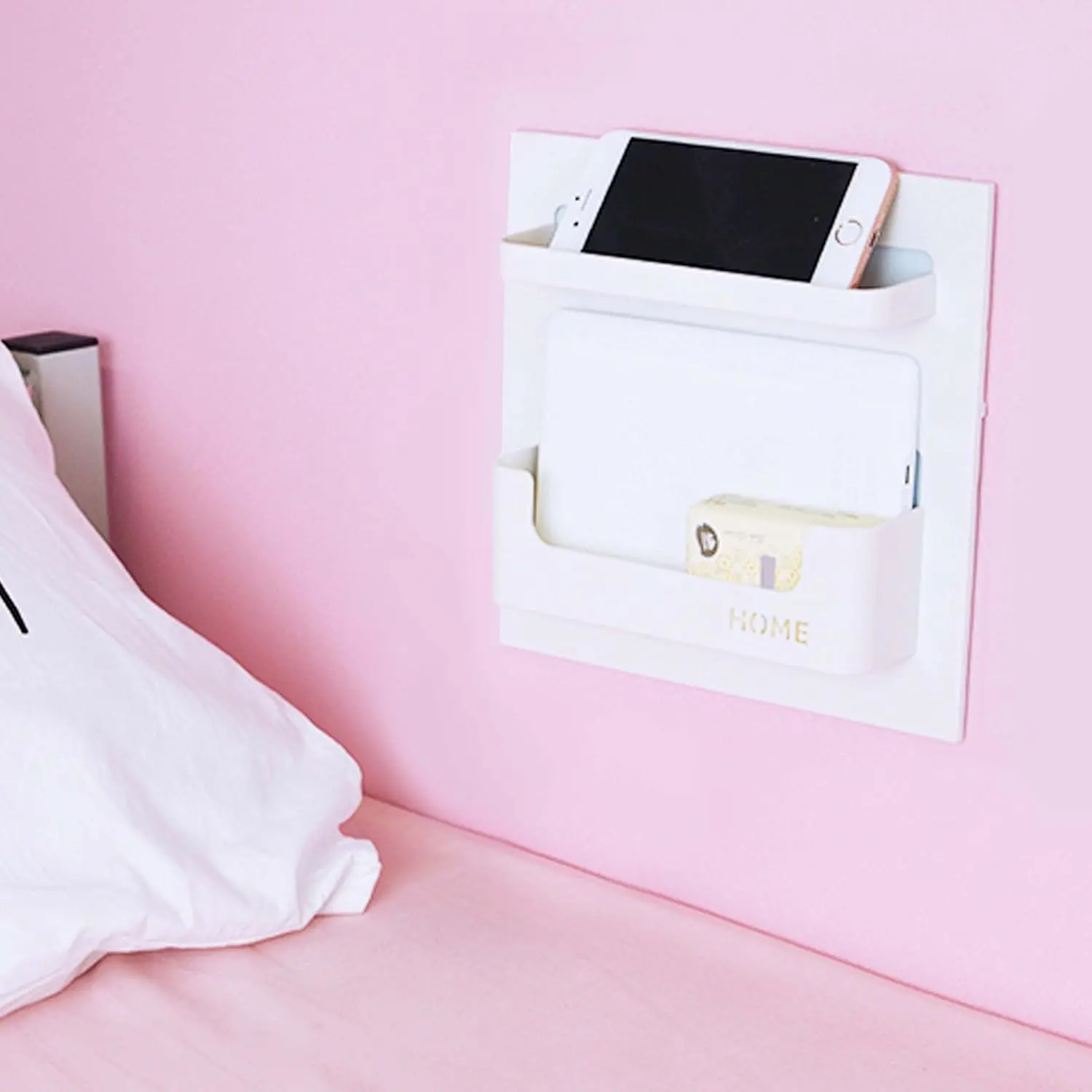 Bedside Wall Shelf Organizer – Self-Adhesive Mount for Glasses, Remote, Phone, Charger & Small Accessories, 8.7"x8.7", White