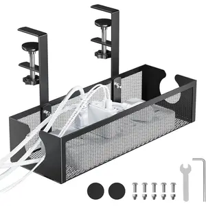 No-Drill Metal Under Desk  Management Tray, Power Strip &  Organizer for  Office,Under Desk Storage,Organizer Tray,Black