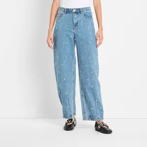 Women's Mid-Rise Studded Barrel Leg Jeans - Future Collective Women's Mid-Rise Studded Barrel Leg Jeans - Future Collective