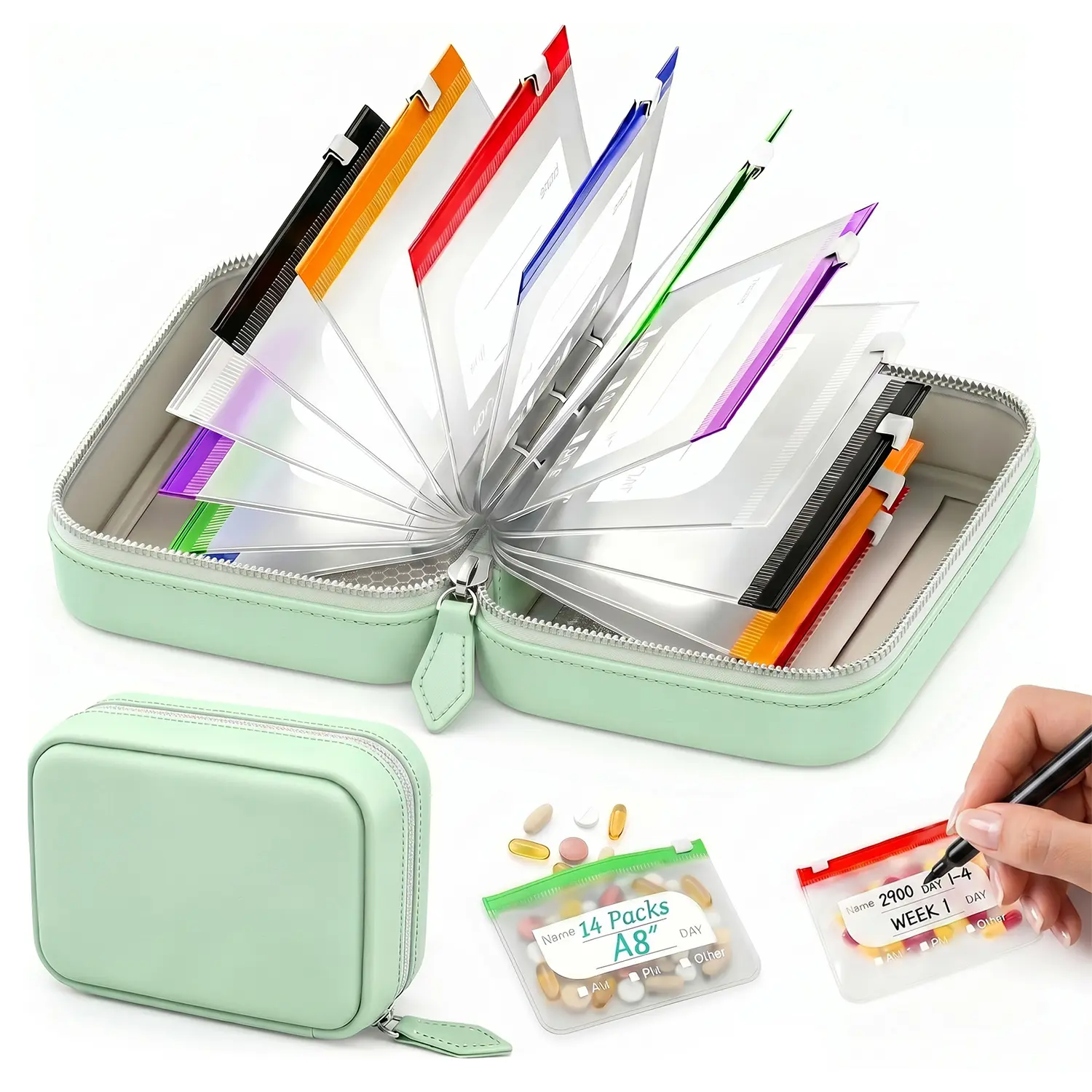 A8 Waterproof Pill Pouch Set, Large Weekly Pill Organizer with 14 Color-Coded Medicine Pouches, Reusable Travel Medicine Organizer, Zippered Pill Storage for Fish Oils, Vitamins