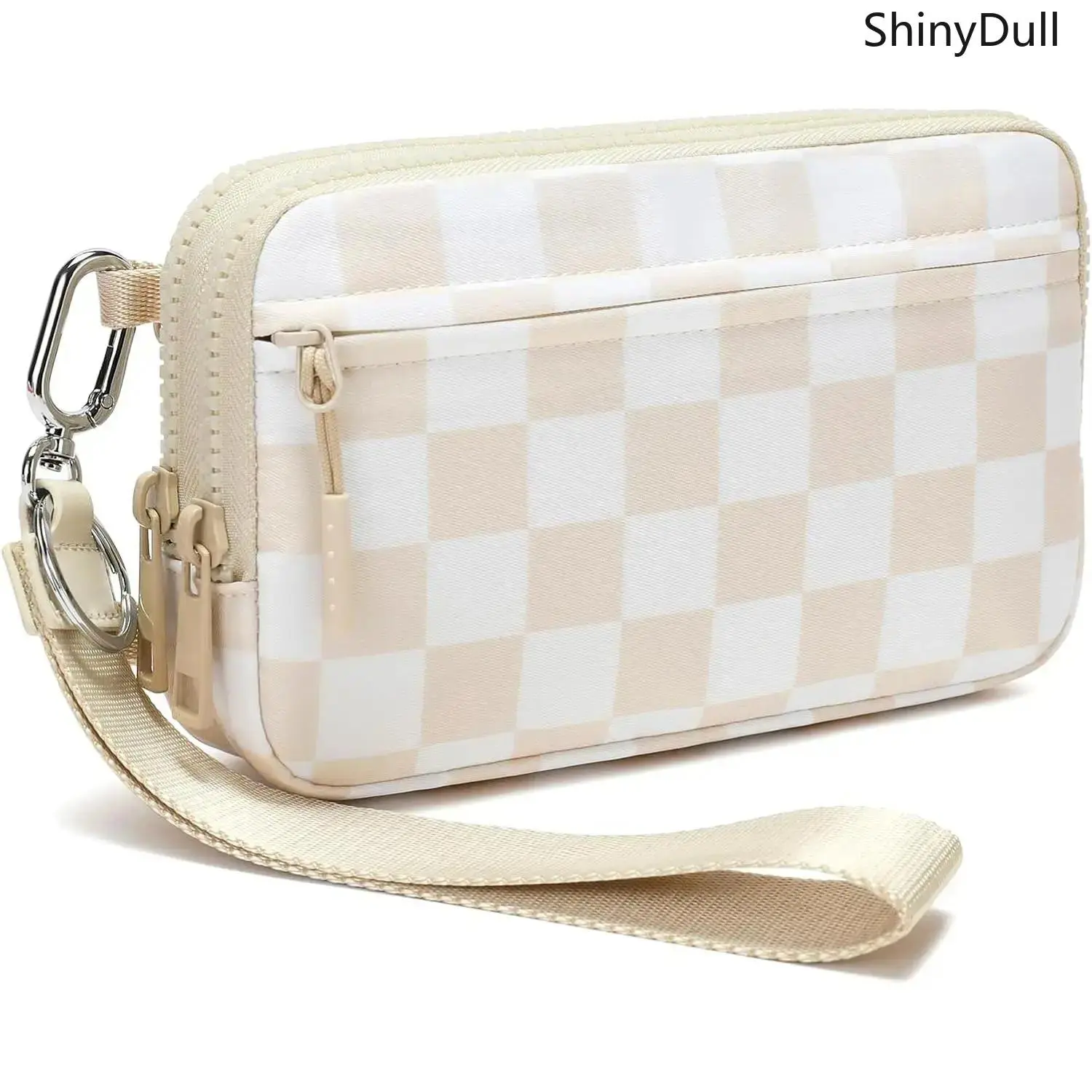 Women’s Minimalist Nylon Quilted Zipper Wristlet Purse - 4-Zipper Travel Organizer with Adjustable Checkered Strap, Multiple Pockets, Lightweight for Cards & Phone (Chest Sling, Crossbody, Clutch, Messenger Bag), Clutch Wristlet Wallet
