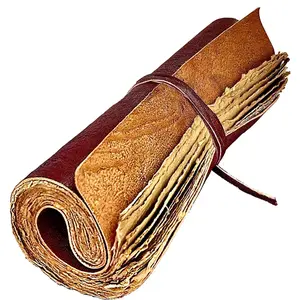 Handmade Leather Scroll Journal - 100 Pages Vintage Style Unlined Deckle Edge Rustic Paper - 9x6 Book of Shadows, Grimoire, Fantasy Gifts, Antique Sketchbook (Reddish Brown w/Vintage Paper)