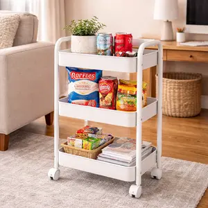 3 Tier Mobile Storage Cart, Heavy Duty Metal Rolling Utility Organizer with Locking Wheels and Double Handle, Multi Functional Trolley Shelf for Kitchen, Bathroom, Office, Bedroom, Pantry Snacks, Laundry Room and Home Organization