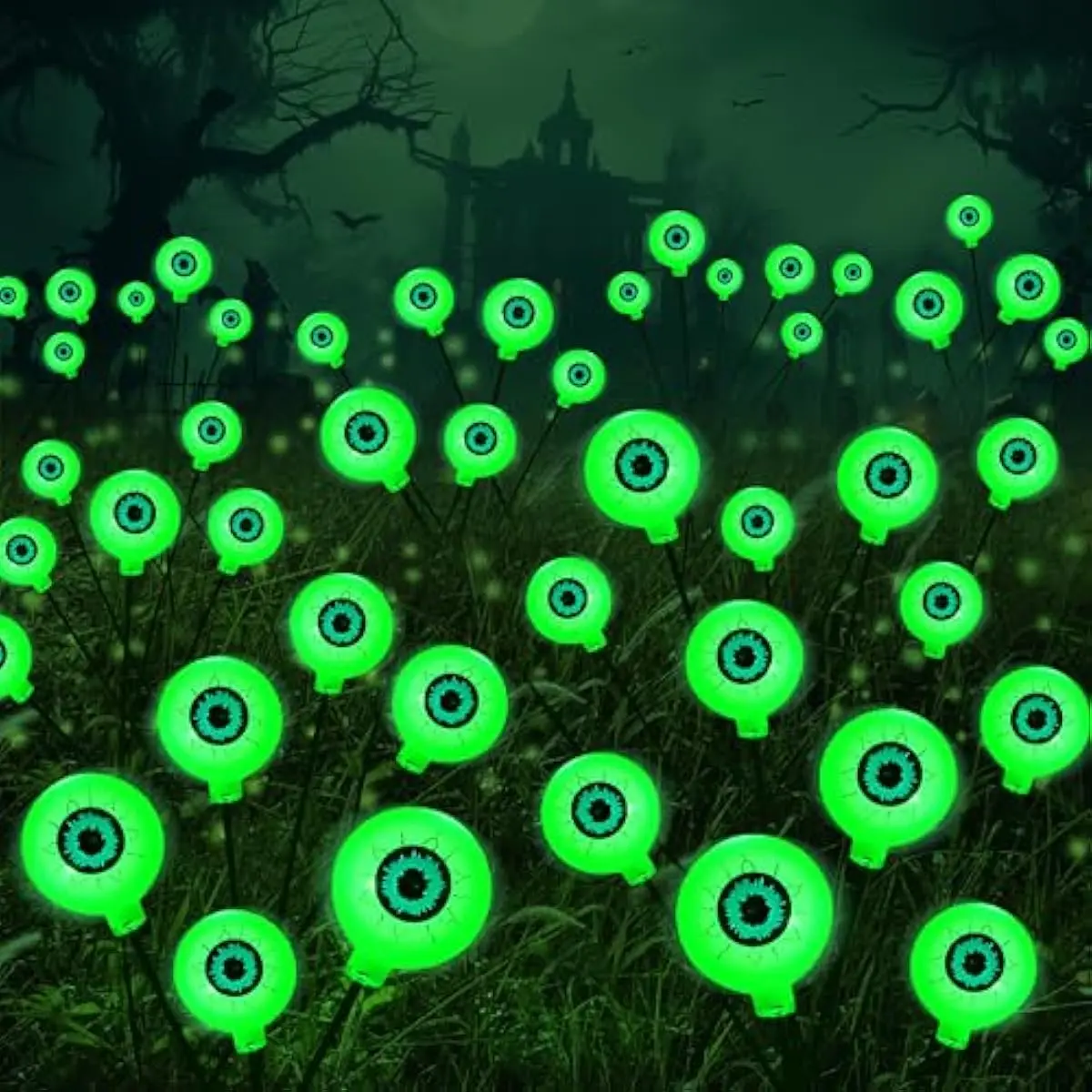 Halloween Decorations Outdoor Solar Scary Eyeball Lights, 4 Pcs 24LEDs Green Pathway Yard Stakes, Waterproof Firefly Lights for Halloween Graveyard Yard Garden Patio Walkway Party