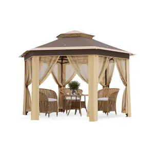 13×13 FT Hexagonal Pop-Up Canopy Gazebo, Breathable Mosquito Netting & Dual Ventilation Roof, UV Protected & Height Adjustable Outdoor Shelter for Patio Gatherings, Backyard Parties & Outdoor Activities
