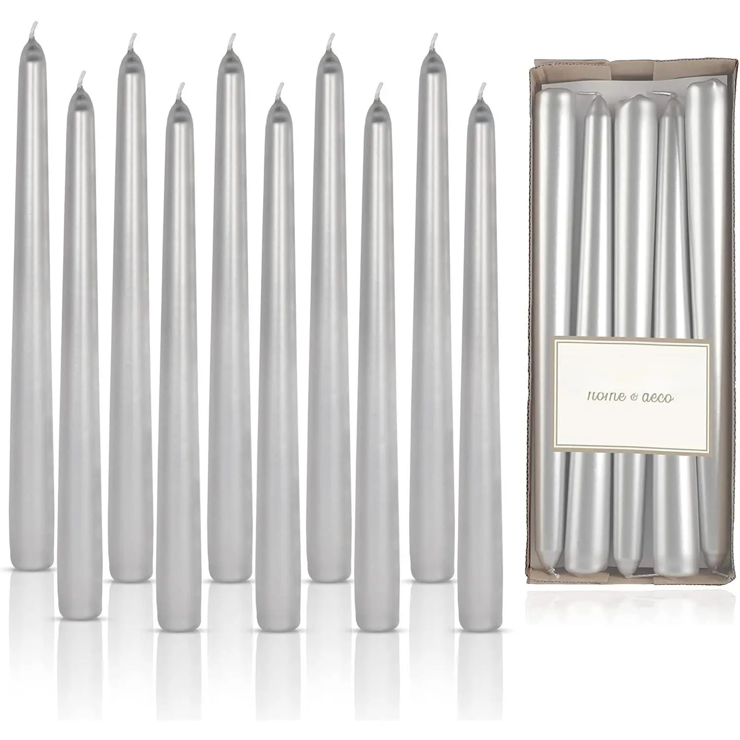 Stylish Modern Metallic Silver Synthetic Taper Candles, 10-Piece Unscented - 9-Hour Burn Time, Dripless - for Holiday Wedding Anniversary Birthday Centerpieces, Indoor Home Festive Decor, Durable, Elegant