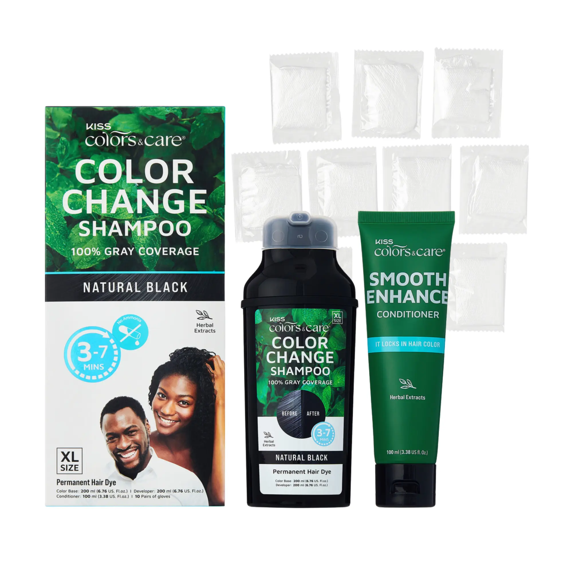 KISS Colors & Care Natural Herbal Color Change Shampoo (XL Bottle) - Permanent Hair Dye & 100% Gray Coverage in Minutes, Ammonia-Free Plant-Based Formula (Natural Black / Dark Brown)