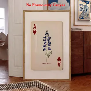 1pc, wall art, Retro poster, Floral Ace of Hearts Playing Card Printing, Texas Bluebonnet pattern, Southwestern Cowboy Print, Blue & White Art, for living room, bedroom decoration, housewarming gift, unframed
