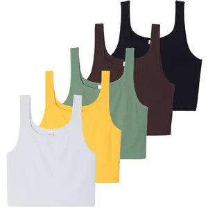 Real Essentials 5-Pack Women's Soft Knit Ribbed Square Neck Sleeveless Cropped Tank Top