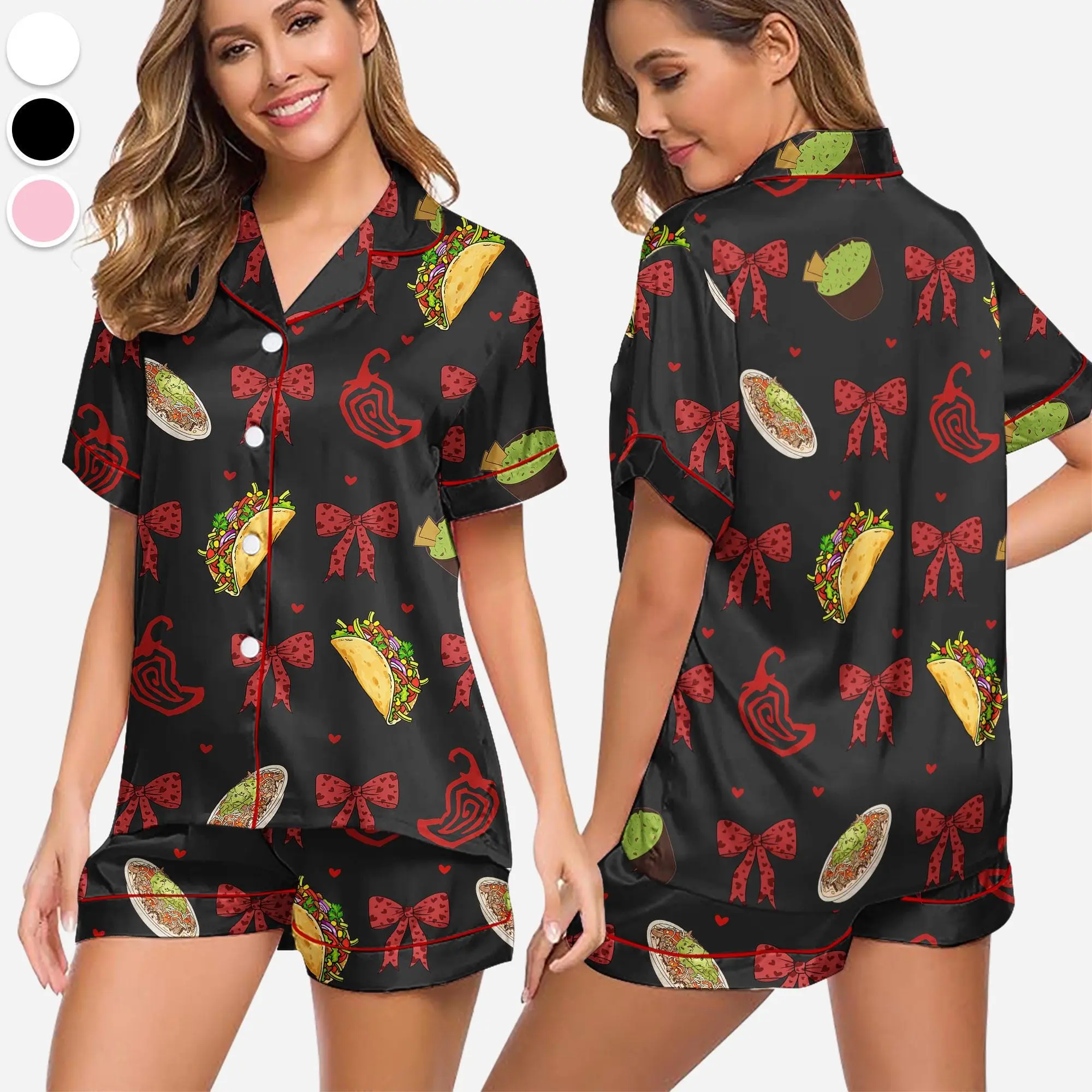 Women's Satin Pajama Set – Taco & Avocado Print Sleepwear, Mexican Food Loungewear