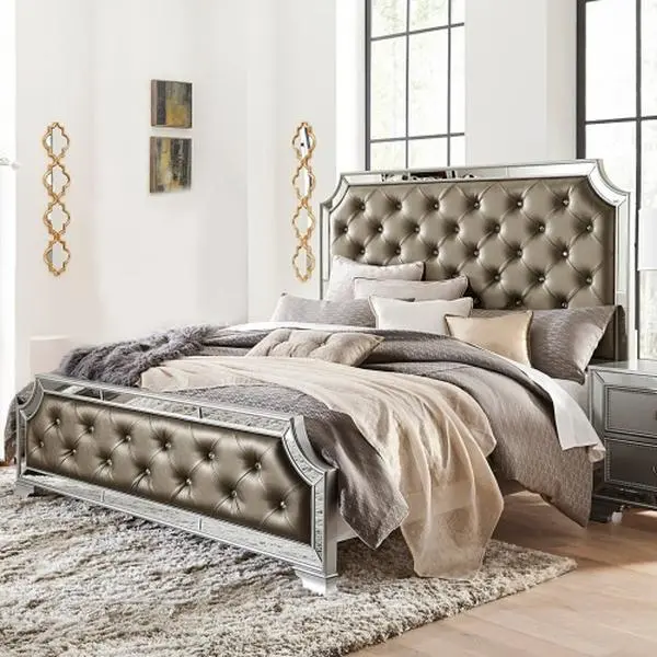 Bellemave Silver Finish Glam Queen Bed Frame - Button-Tufted Upholstered Wood-Framed Indoor Bedroom Furniture, 1pc