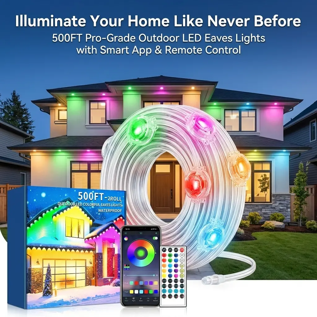 Permanent Fix RGB LED String Lights, 2-Roll Kit Outdoor Eaves Lighting, IP65 Waterproof, Bluetooth App+Remote Control, Music Sync & Timer Functions, Ideal for Christmas, Halloween Decorations, Uv Resistant