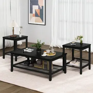 3 Piece Coffee Table Set, Rectangular Center Table With 2 Square End Side Tables, Sturdy Metal Frame And Durable Wood Top, Space-Saving Furniture For Living Room Office Or Apartment, Grey Or Brown