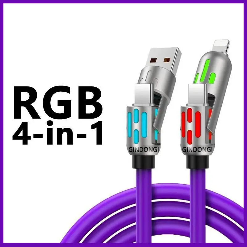 Multi-Functional 4-in-1 Cord, Universal USB/Type-C/Lightning Interface, 240W Fast Charging, Breathing LED Light for Daily Use