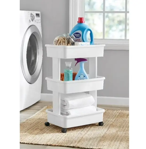 3-Tier Plastic Multi-Purpose Rolling Laundry Cart Arctic White with Wheels for Easy Mobility and Storage