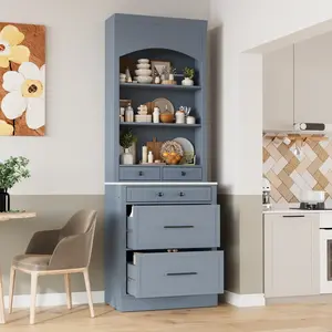 28.7*17.5*83.7 Inch Gray Tall Kitchen Pantry Cabinet, P2 MDF Storage Cabinet with Faux Marble Top, 5 Drawers Adjustable Shelf Anti-Tipping Design 253.53LBS Total Load for Kitchen Dining Living Room