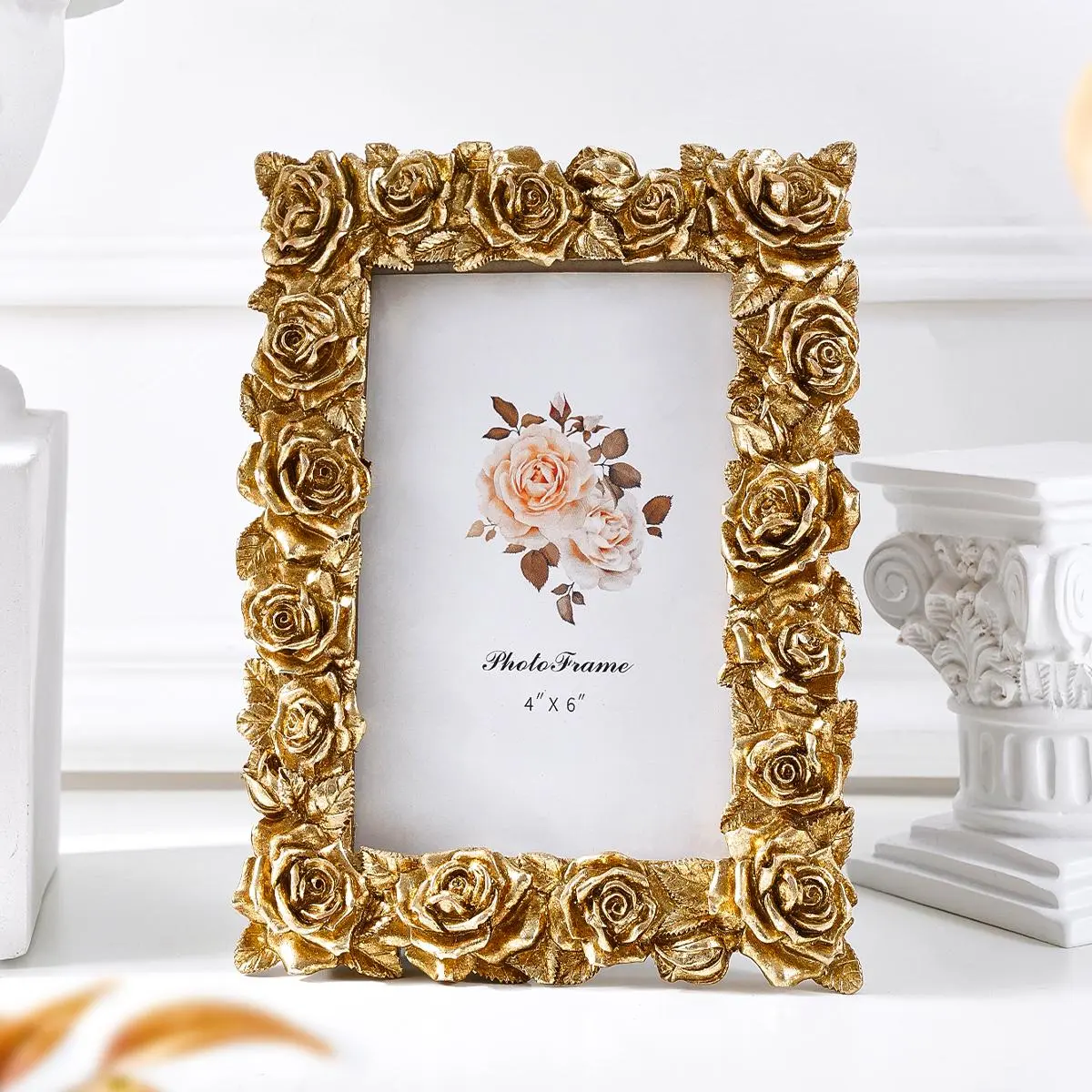 Rose Design Photo Frame, 1 Count Resin Photo Frame, Desktop Decoration Photo Frame for Home Living Room Bedroom Office, Modern Glam Frame, Ornament Picture Frames