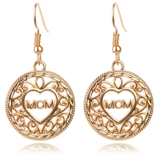 Mom Gold Heart within Circle Earrings - Mothers Day, Baby Shower - Gift