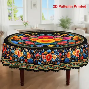 1pc, Spring Summer Themed Party Tablecloth, Colorful Floral Mexican Style Printed Design, Rectangular/Round/Oval Table Cloth, Embossed Edge, Suitable For Picnic Dinner Kitchen Dining Room Decoration, Picnic Table Cover, Rectangle Tablecloth