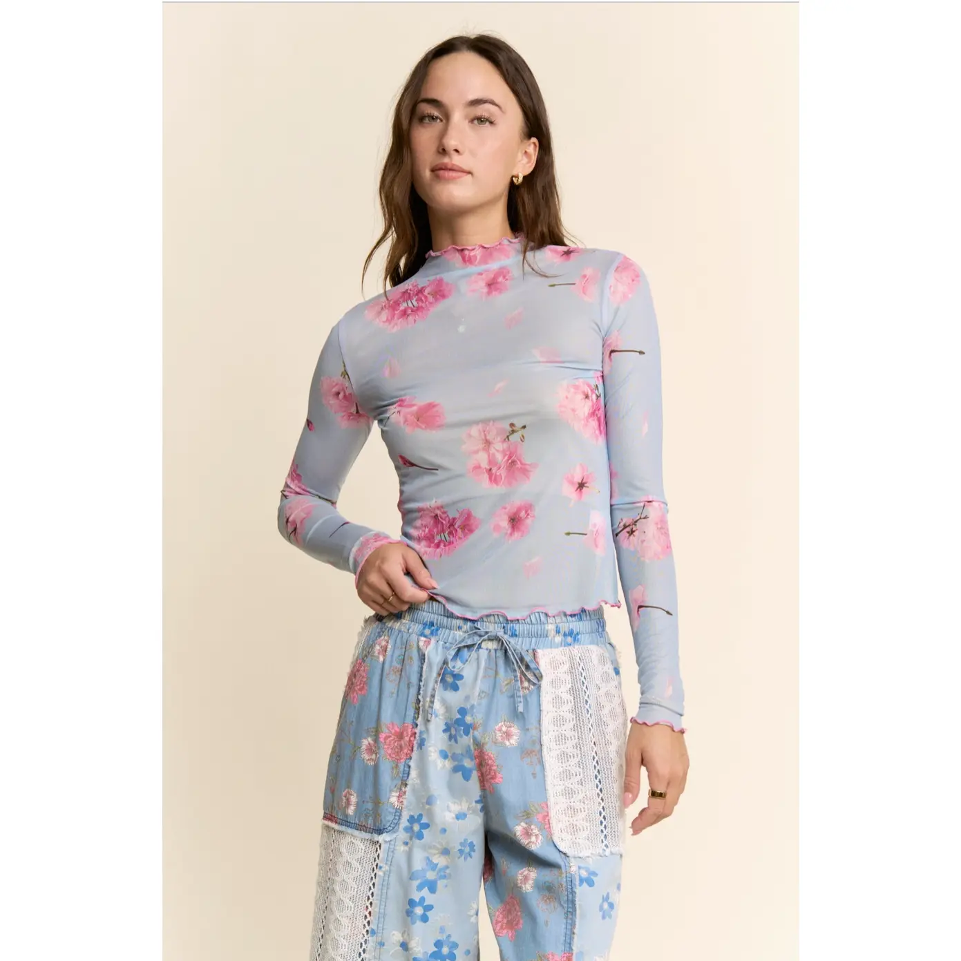 Women's Feminine Cherry Blossom Floral Mesh Blouse, Stretchy Fabric 1-Piece Top