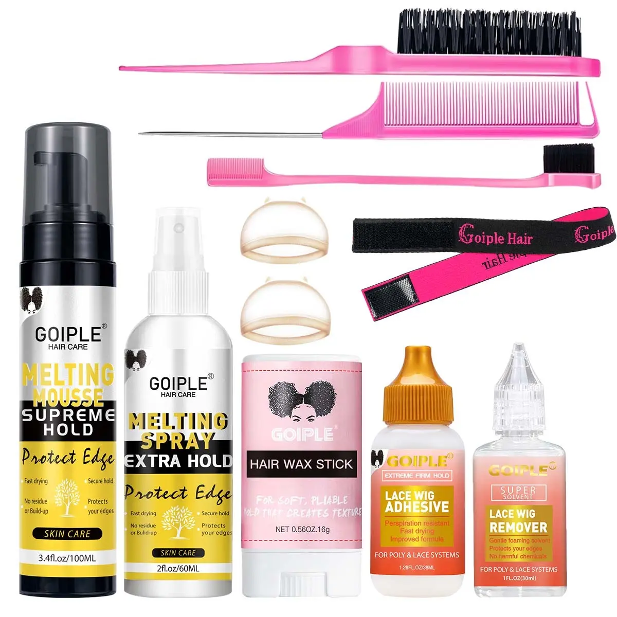 Goiple Beginner Lace Wig Kit, Wig Installation Kit, Hair Lace Glue, Waterproof Long-Lasting Invisible Adhesive, Melting Spray, Remover, Strong Natural Hold, Control Wig Set