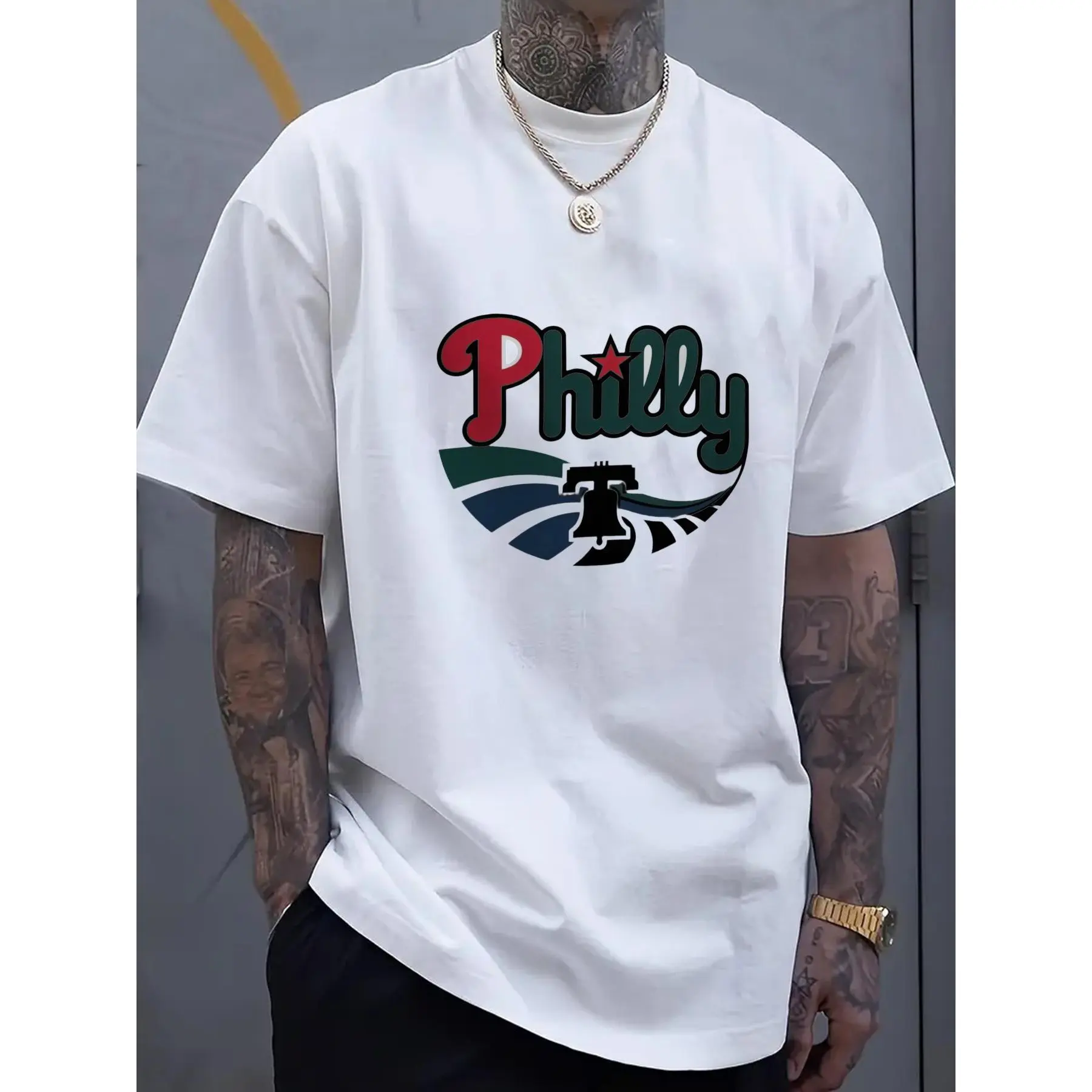 Men's Black Philly Liberty Bell Graphic Menswear T-Shirt - Short Sleeve Round Neck Basic Comfy Undershirt, Casual Summer Tee with Geometric Design, Machine Washable Regular Fit, Breathable Fabric, Streetwear Statement Top for Young Adults