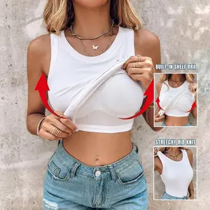 ChicMe Ribbed Built-in Bra Tank Top Round Neck Ribbed Tank Top with Built-In Bra - Stretchy Bodycon Camisole for Casual Wear, Loungewear Seamless Supportive Cami Top