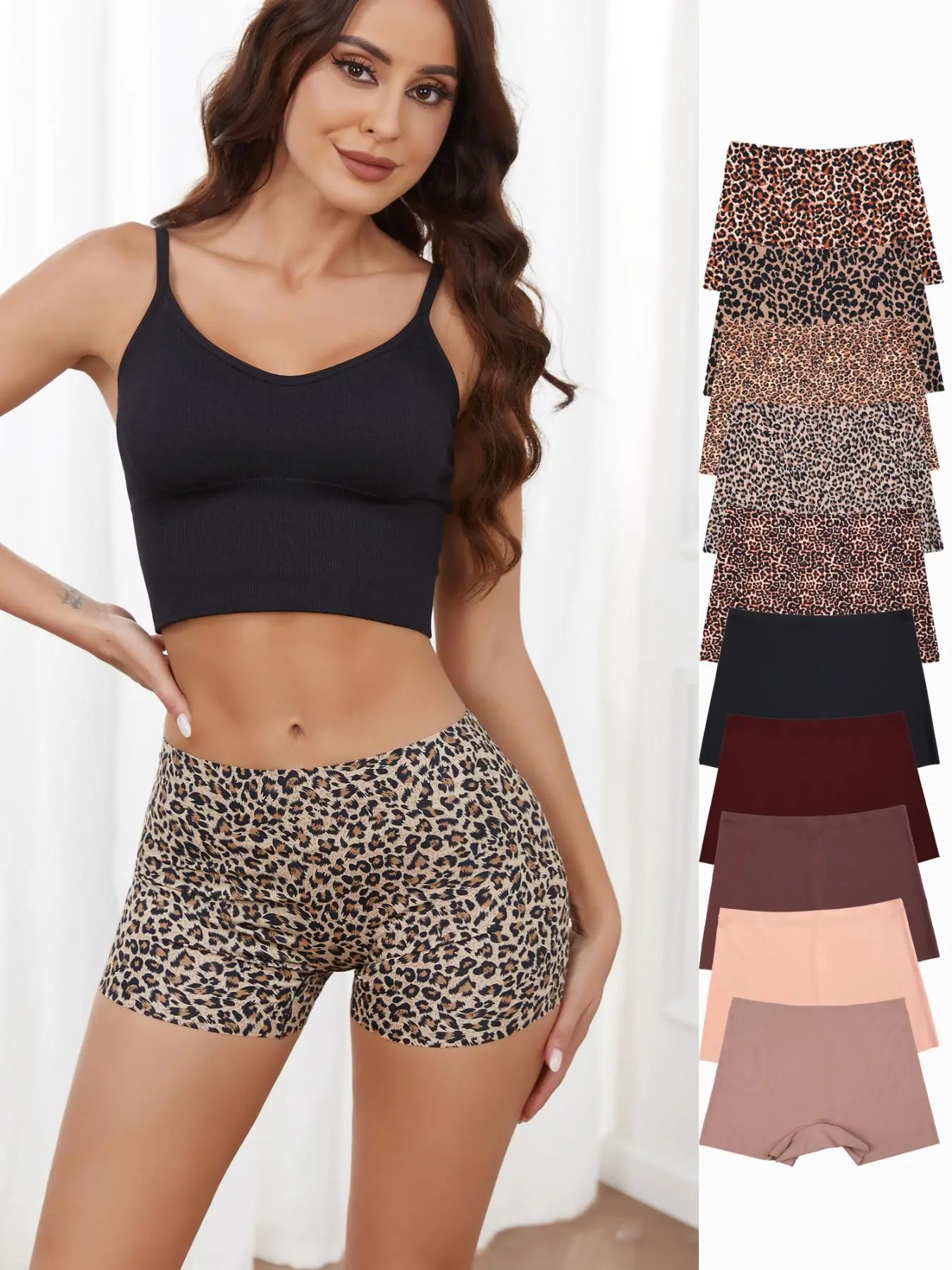 Women's Leopard Print Seamless Boyshorts, Casual Solid Color Natural Waist Panties Set, Comfy Fashion Breathable Underwear for Women, Casual Elegant Panty, Breathable Fit Panties