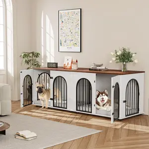 Gaomon 71-Inch Extra Large Wooden Dog Crate Enclosure - Steel Chew-Resistant Furniture Kennel with Divider, Included Cushion, Doors, Indoor End Table, TV Stand