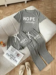 Printed Nope Not Today Three-Piece Homewear Loungewear Set, Casual Loose Fit Pyjamas Pajama Set, All-Season Comfortable Sleepwear for Women