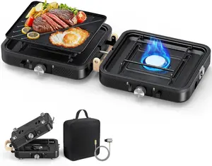 Camping Stove, 2 Burner Propane Stove With Grill,Foldable Camping Stove Propane Includes Carry Bag Stove with Griddle ,Adjustable Burners & Piezo Ignition for Tailgating,BBQ,Camp