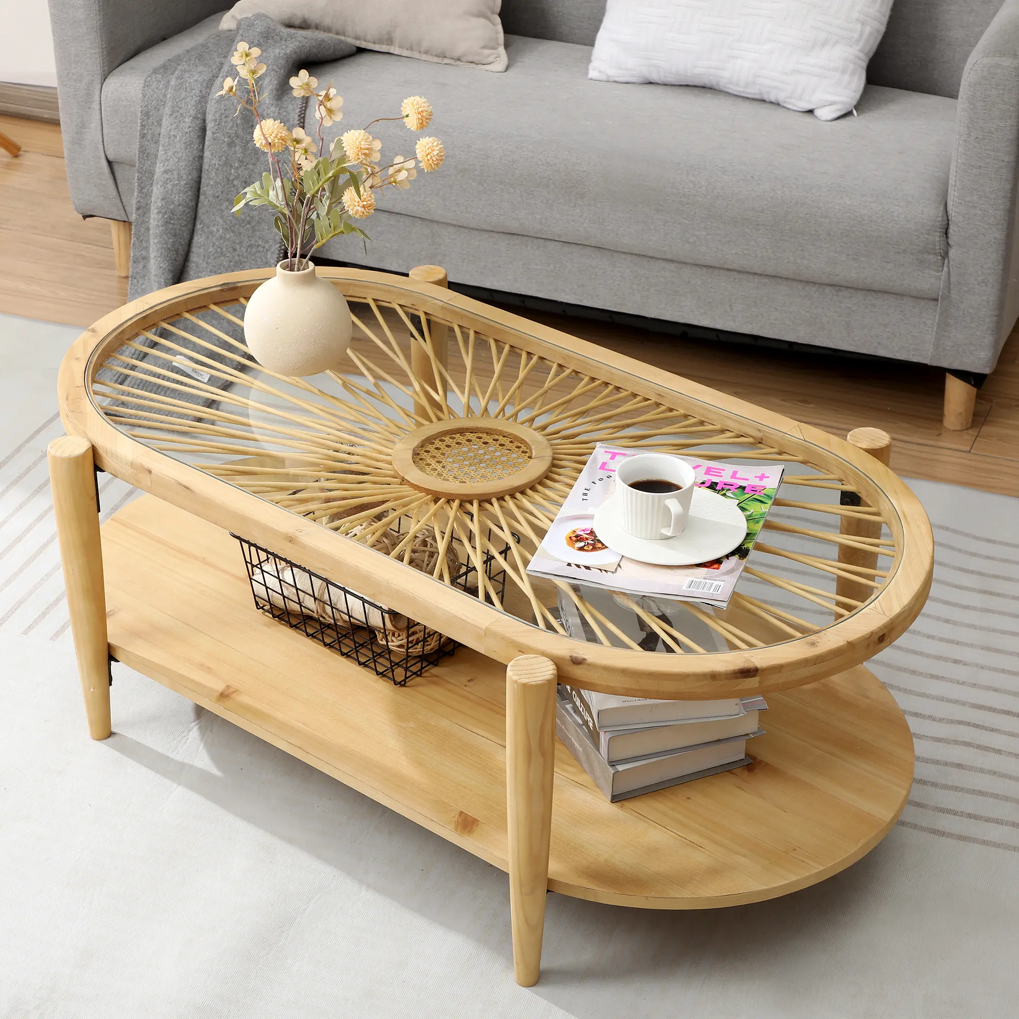 PieDle Furniture Rattan Coffee Tables,2-Tier Oval Boho Cocktail Tables, Mid Century Modern Coffee Table with Rattan & Tempered Glass Top and Wood Legs, Sofa Table for Living Room(Natural)