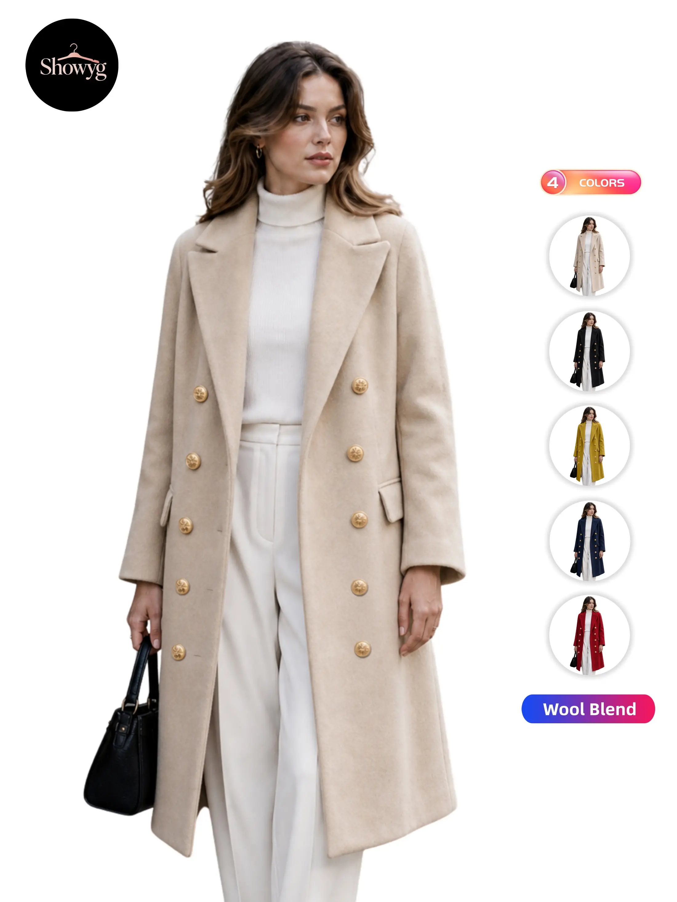 Showyg Women's Lapel Collar Double Breasted Wool Blend Mid-Long Coat, Midi Woolen Overcoat With Decorative Front & Cuff Buttons