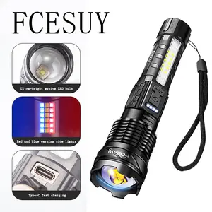 FCESUY strong flashlightRed/Blue Alarm Light/Waterproof//USB Rechargeable Emergency Lighting LED Flashlight/Camping Gadgets 2024/Fishing Garden Lighting Night Safety Road Lighting Garagelight