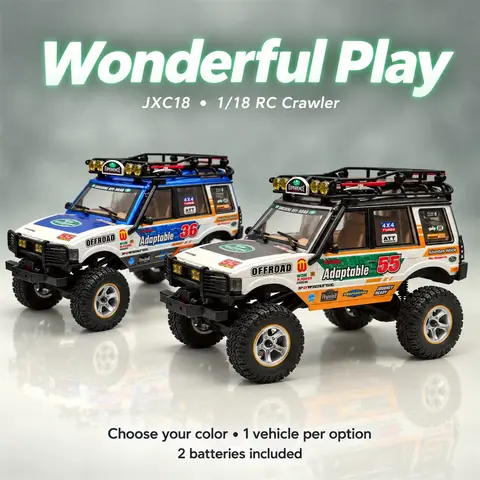 JXC18 1:18 Scale RC Crawlers, 4WD Drive System, 2-Speed Transmission, LED Lights, 2 Li-Ion Batteries Built-In, Optional Upgrades Sold Separately, Birthday Gift for RC Beginners Ages 14+