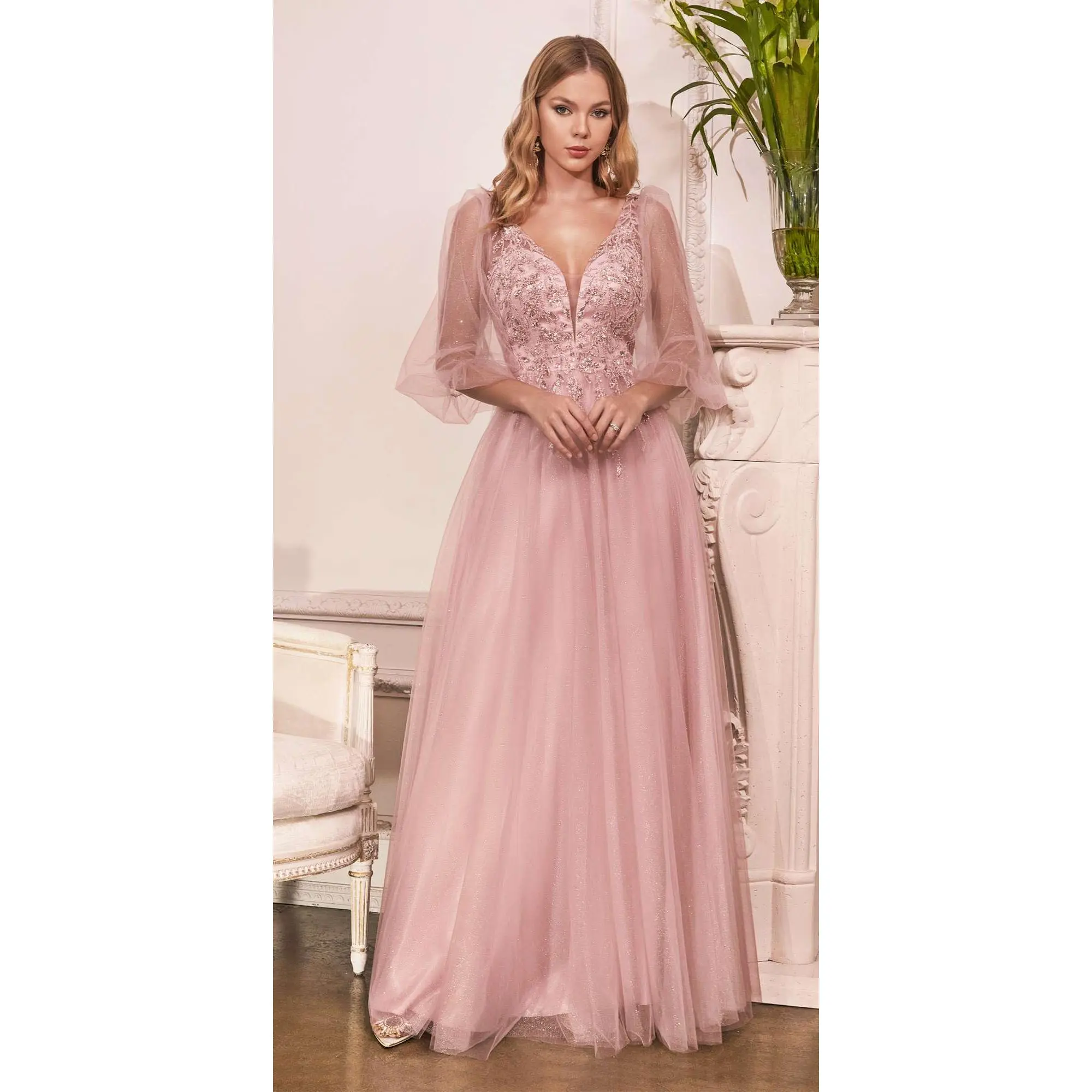 Women's Blush Pink Formal Evening Party Prom Dress (CD0182) - Lacy Formal Wear, Soft Puff Sleeves, Glitter Tulle A-Line, Satin Accents, Sheer Details, Zipper Closure