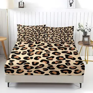 3Pcs Leopard Print Fitted Sheet Set, Bed Sheets Set, Beige and Brown Animal Pattern Bedding Set, Soft and Durable Material, for Bedroom Decor, Includes 2 pillowcases (pillow inserts not included)
