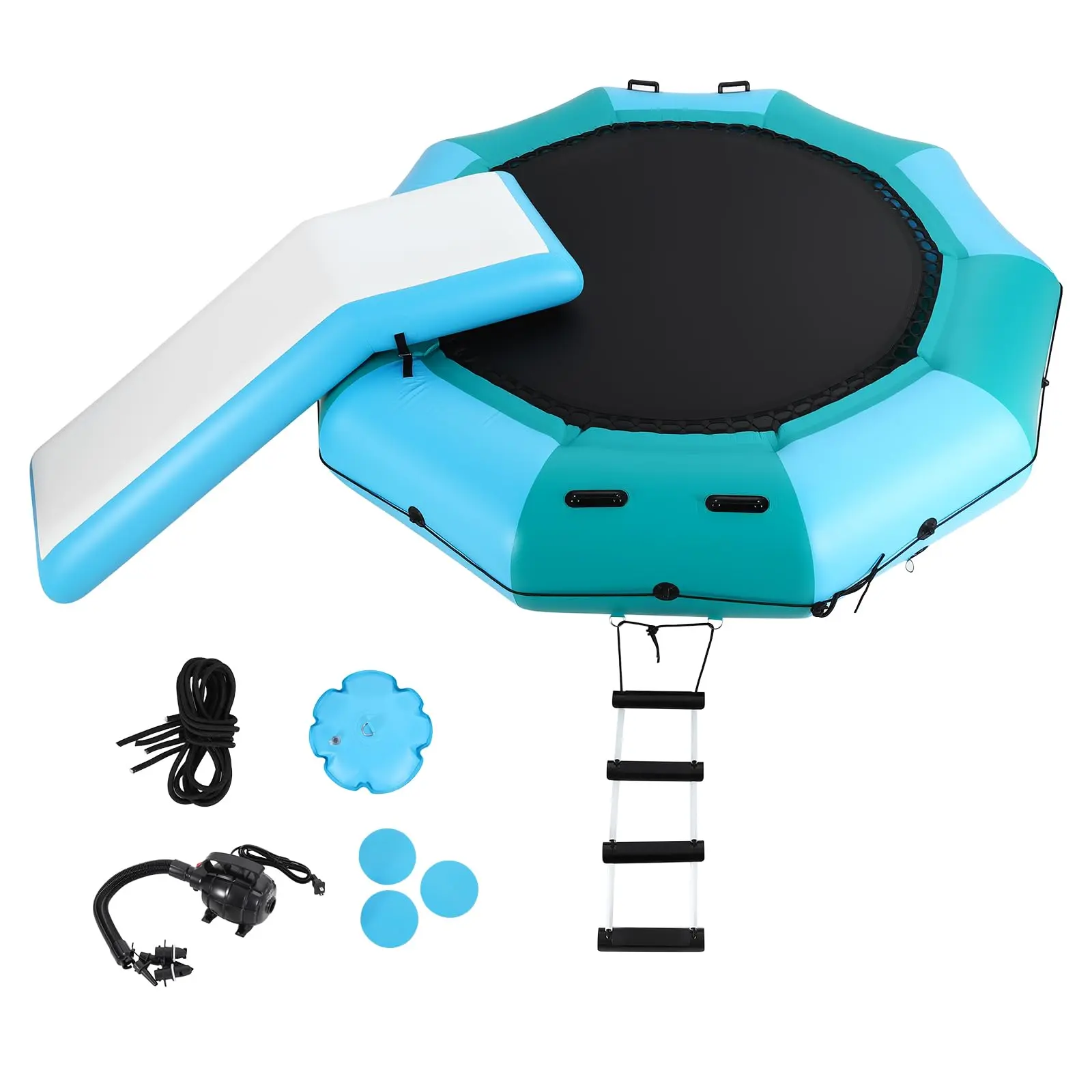 Inflatable Water Trampoline with Floating Bounce Platform for Lake, Pool, or Ocean – Complete with 4-Step Rope Ladder, Mooring Ropes, Anchor Bags, Air Pump – Safe Water Bouncer for Family Outdoor Fun